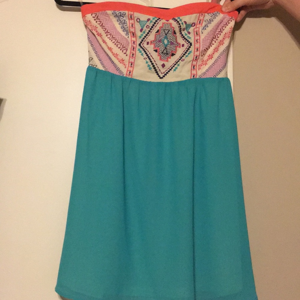 Aztec print/teal strapless dress